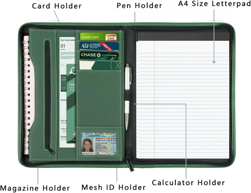 Gorbado Zippered Portfolio Organizer/ A4 Refillable Lined Writing Notepad Folder Case/Fabric-Covered Padfolio Binder with Interior Storage Pocket for Men Women.Green - Image 3